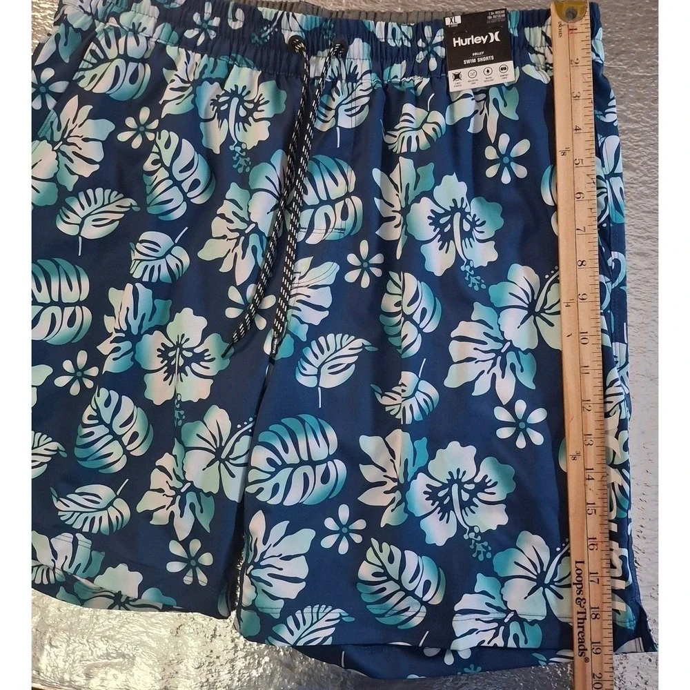 Hurley Volley Swim Trunks Mens XL Navy Blue Teal Floral Tropical Board Shorts